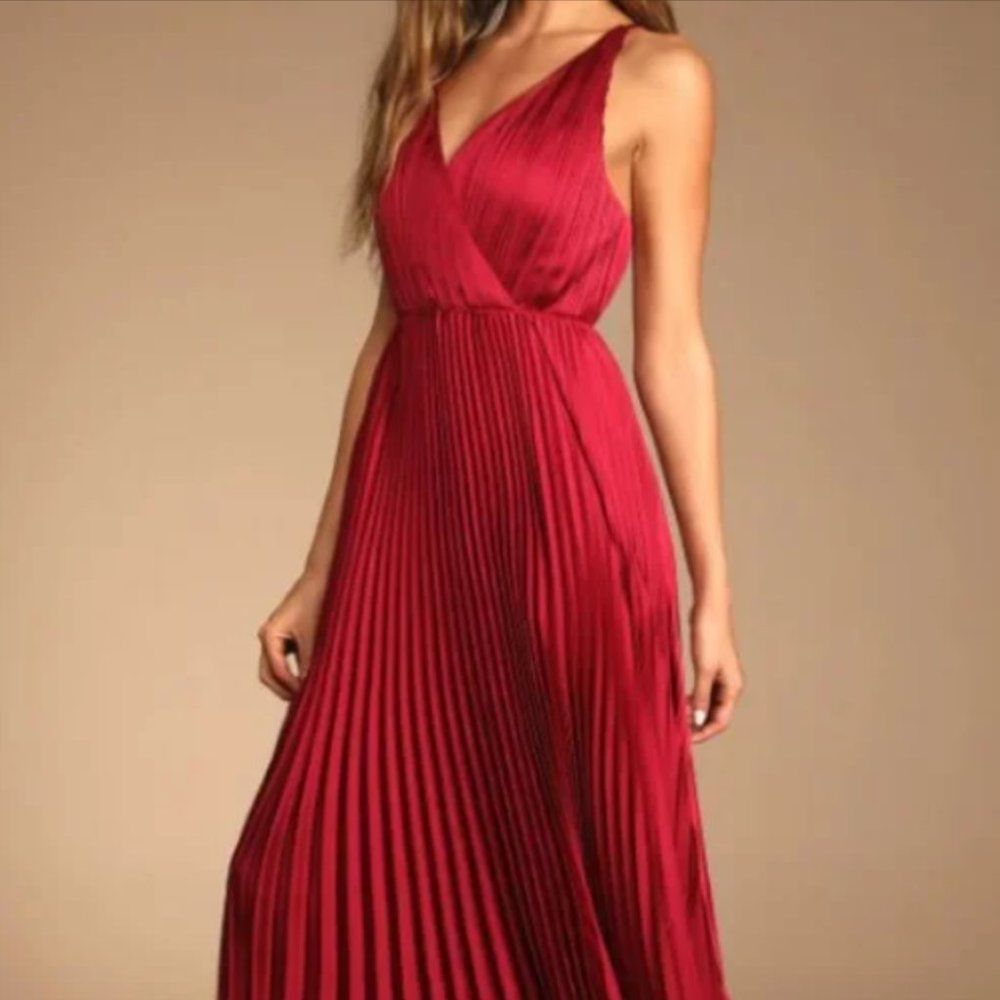 Lulus Wine Red Pleated Satin Maxi Dress - Size S